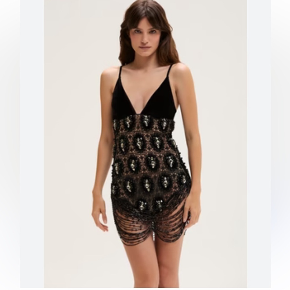 NWT PATBO black velvet fringe mini dress hand beaded rhinestone crochet Gatsby - Picture 3 of 16